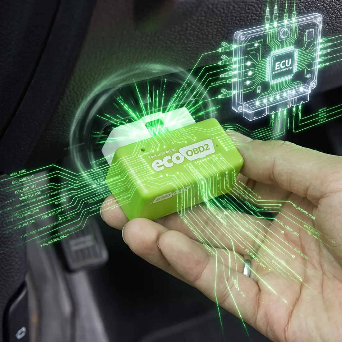 Tank Saver plugged into a car's OBD-II port with glowing data traces showing it communicating with the ECU