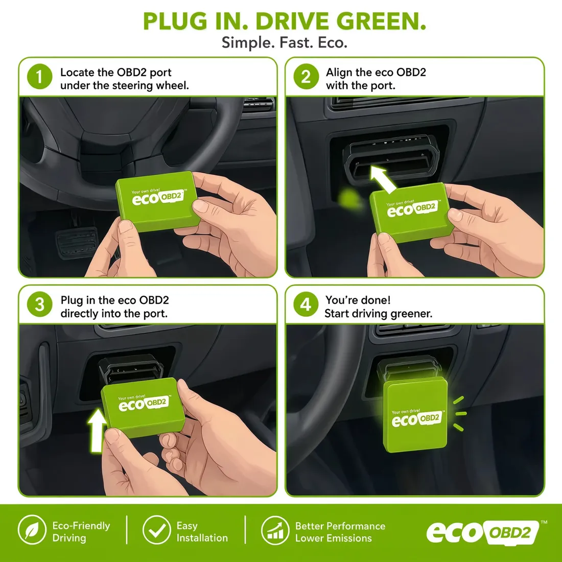 Four steps to install Tank Saver into your car's OBD-II port